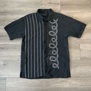 New Gen 100% Linen Button Up Shirt Short Sleeve Black Embroidered XL